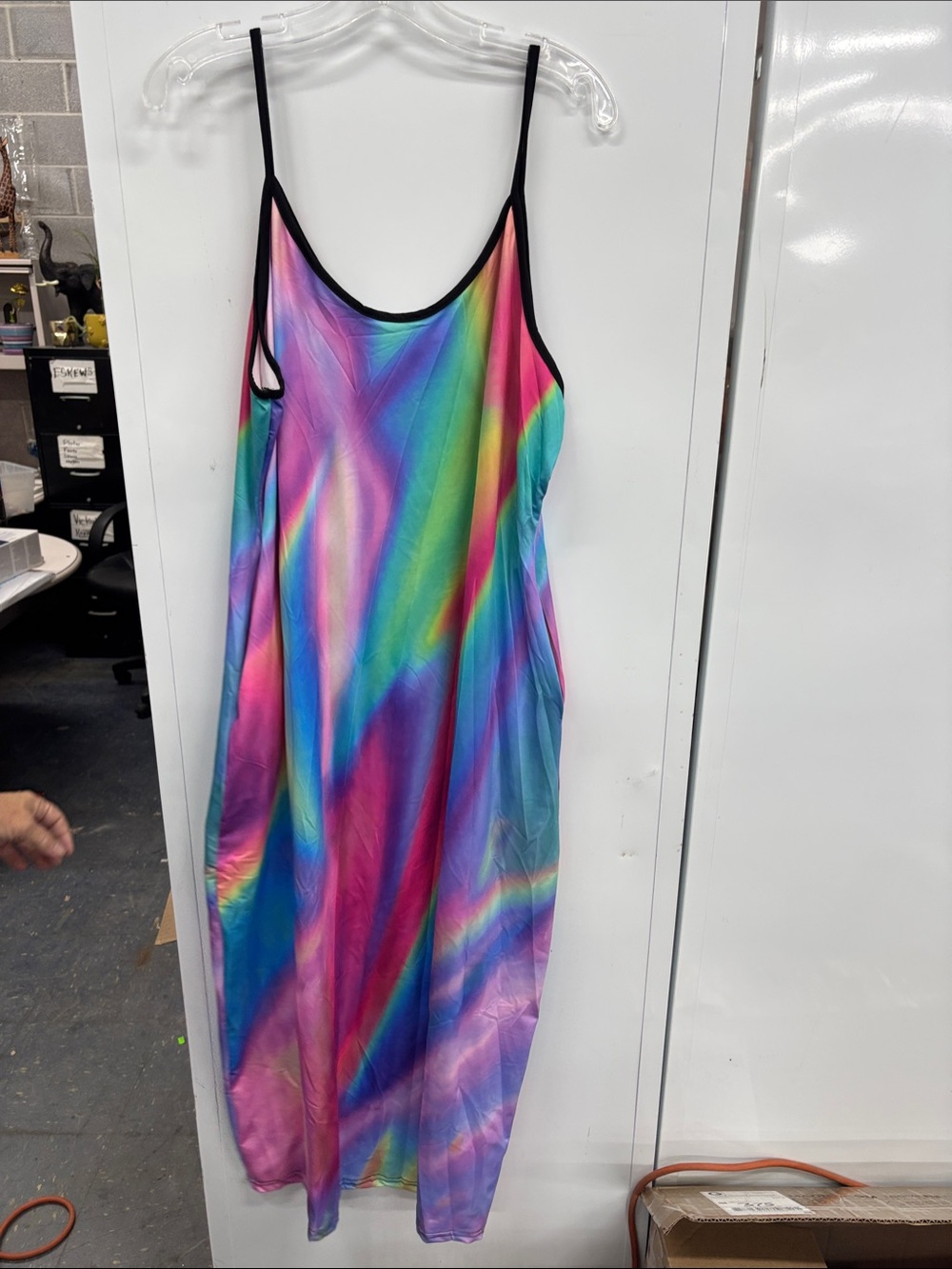 Rainbow Satin Slip Dress with Black Trim